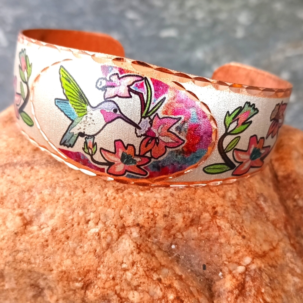 Copper Cuff Painted Hummingbird and Flowers with Etching